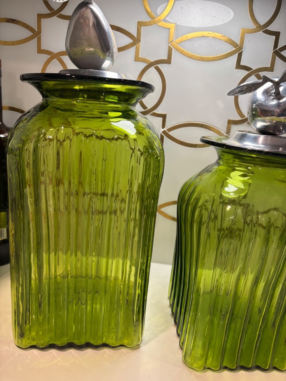 3 Vintage Hand Blown Glass Kitchen Canisters Jars Pewter Tops Fruit Apples Pear - Picture 15 of 15